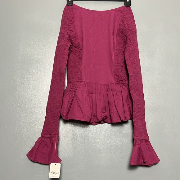 NWT Free People Tropical Vibes in Sweetheart Smocked Long Sleeve Peplum Top - Picture 3 of 5